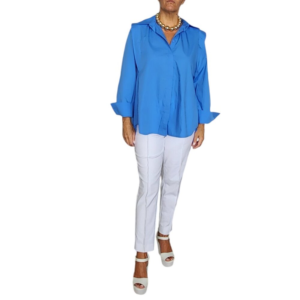 Women's Blue Button-Up Shirt Long Sleeve Oversized Fit, Casual Office Blouse